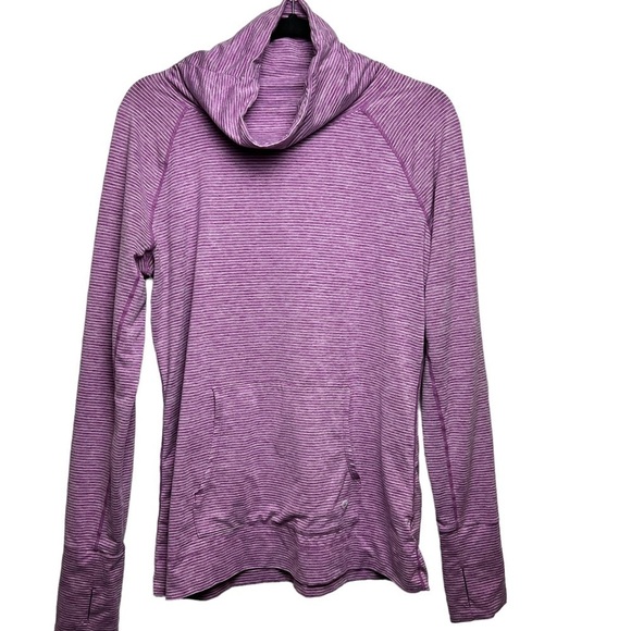 GAP FIT COWL NECK TOP PURPLE WHITE STRIPE KANGAROO POCKET SIZE LARGE LONG SLEEVE - Picture 1 of 8